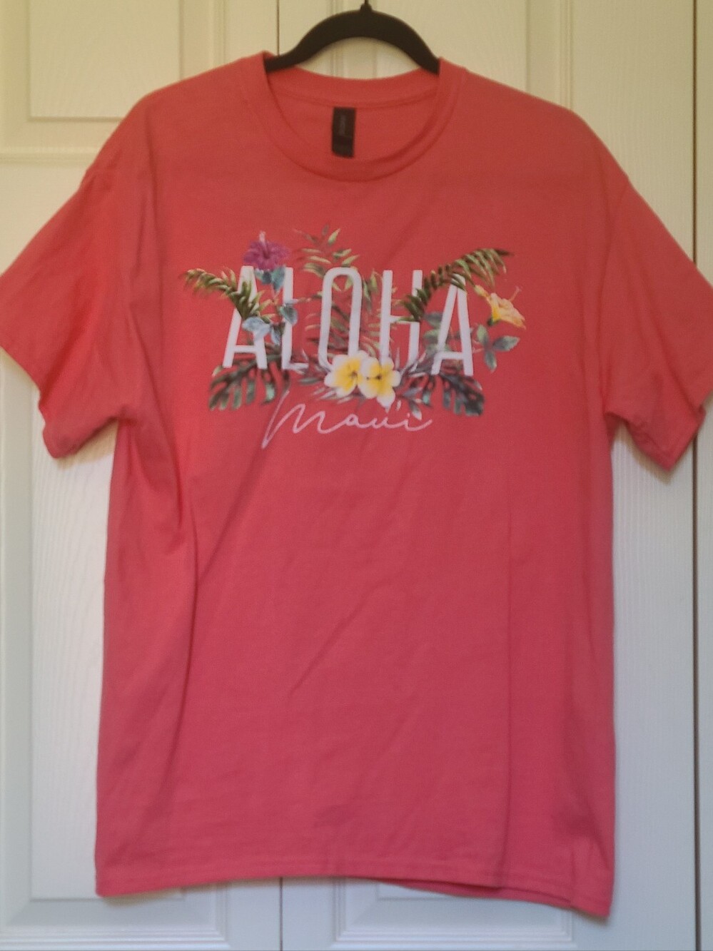 Gildan Aloha Maui Coral Pink Tropical Floral Graphic 100% Cotton T-Shirt Large